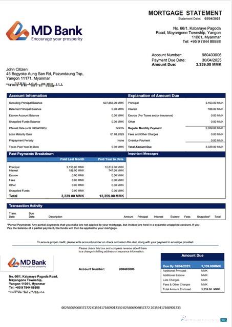 Download Myanmar MD Bank mortgage statement Word and PDF template Photoshop template